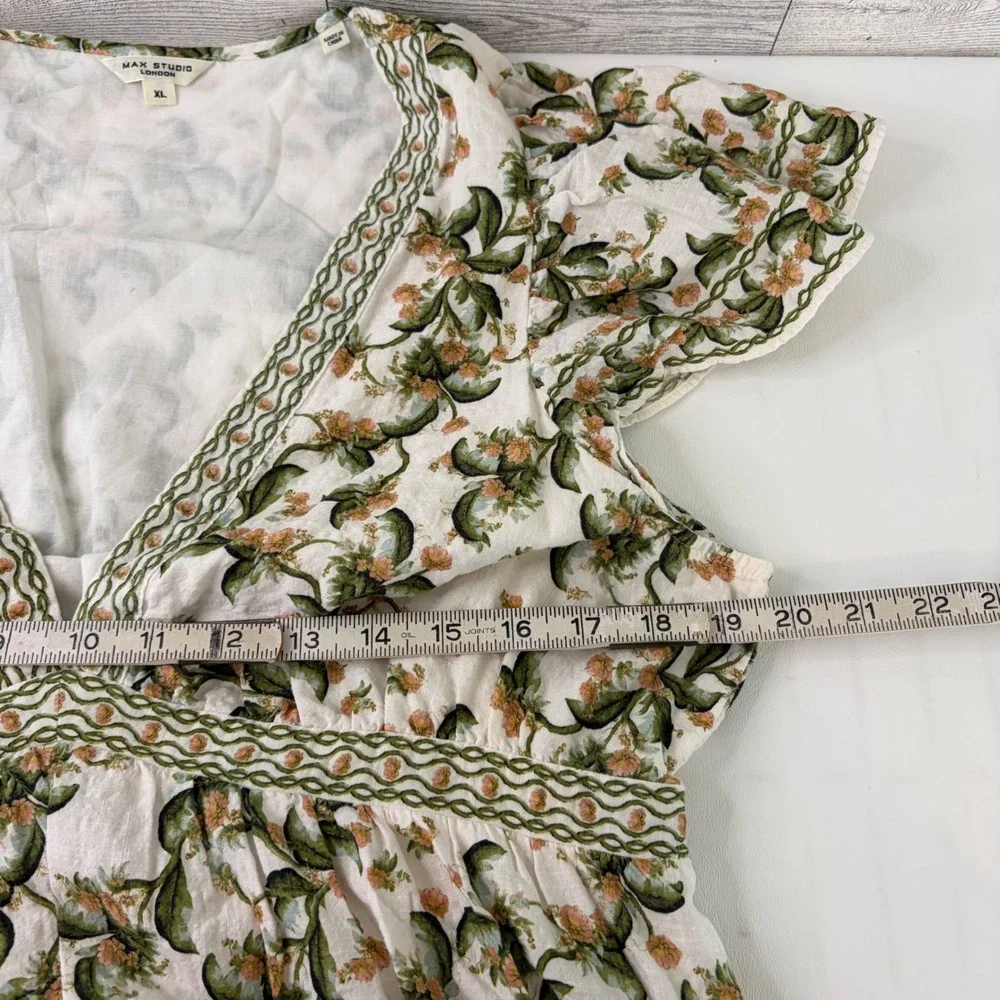 Max Studio London Maxi Dress Women XL Cream Floral V-Neck Flutter Sleeve Pockets